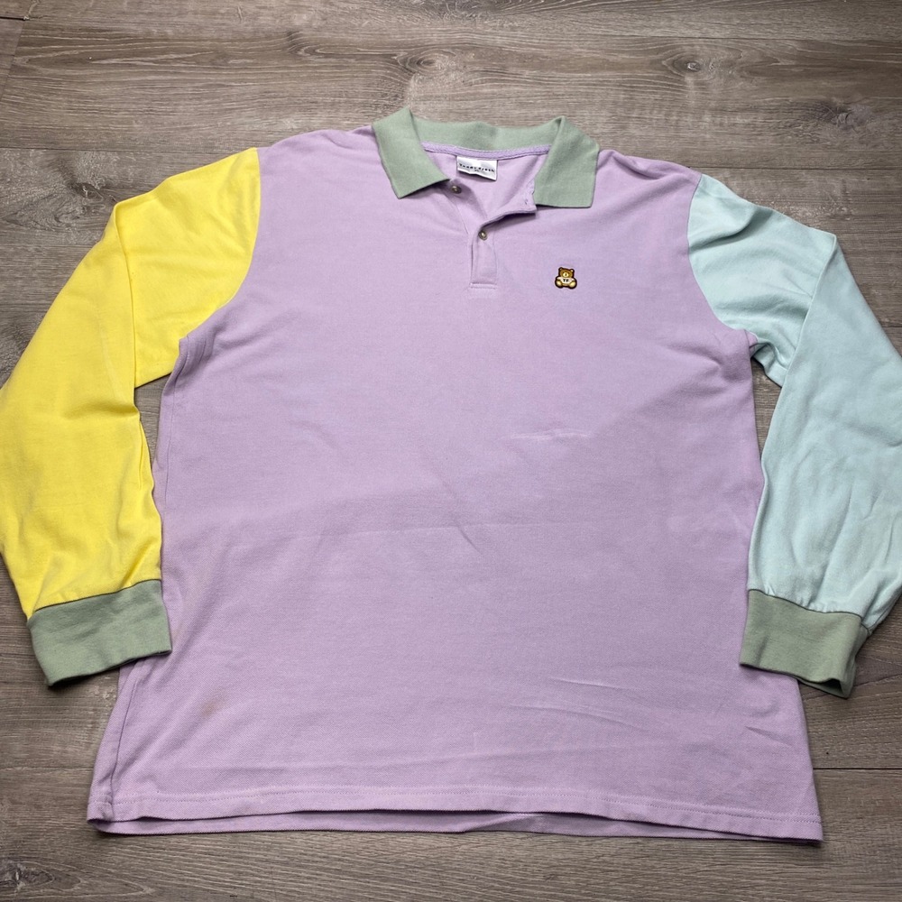Teddy Fresh Polo Shirt Mens XL Cotton Pastel Colorblock Long Sleeve Purple 13854